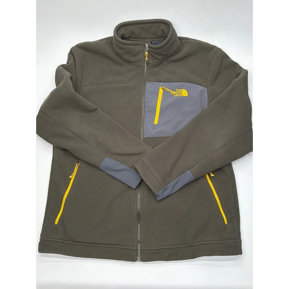 The North Face Mens Full Zip Sherpa Lined Fleece Jacket Olive Green Grey Large
